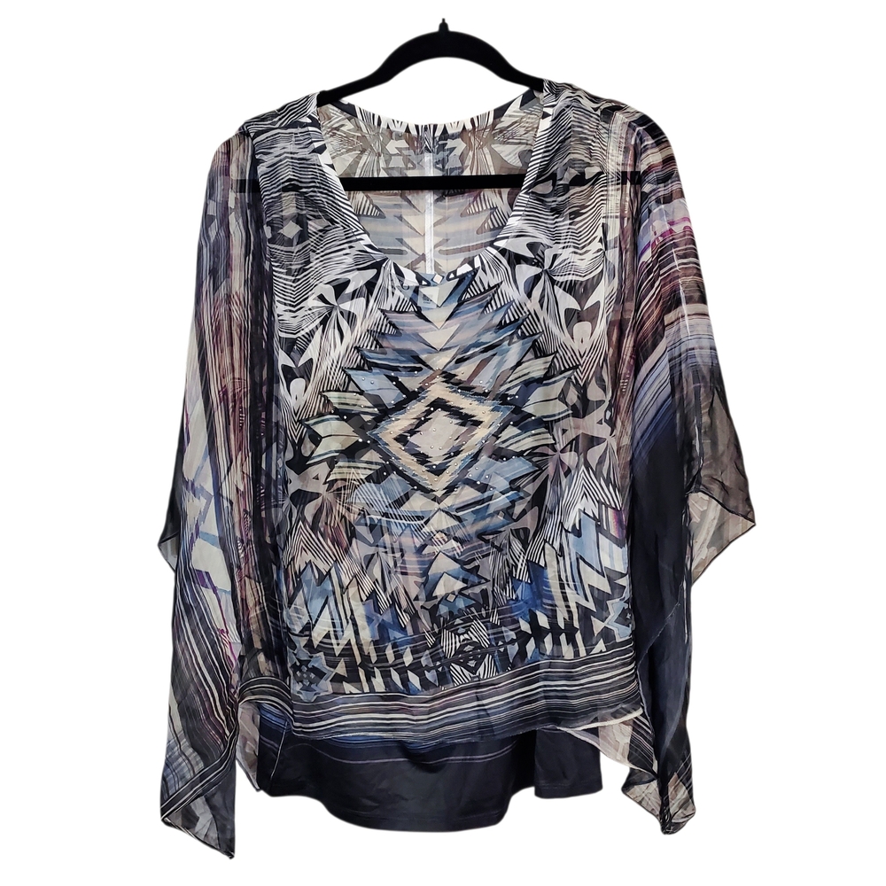 Cato Sheer Geometric Blouse Set Multi-hues of Blue, Black & White
